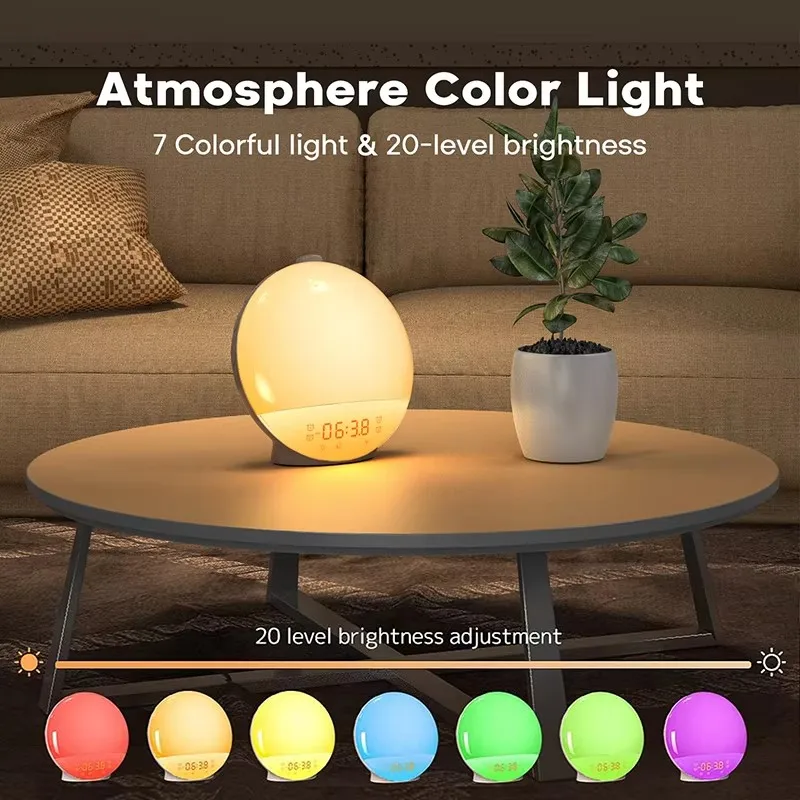 FM Radio with Night Light Wake Up Light Sunrise Alarm Clock Natural Sounds Desk Clock for Heavy Sleepers Bedroom Sleep Aid Idea