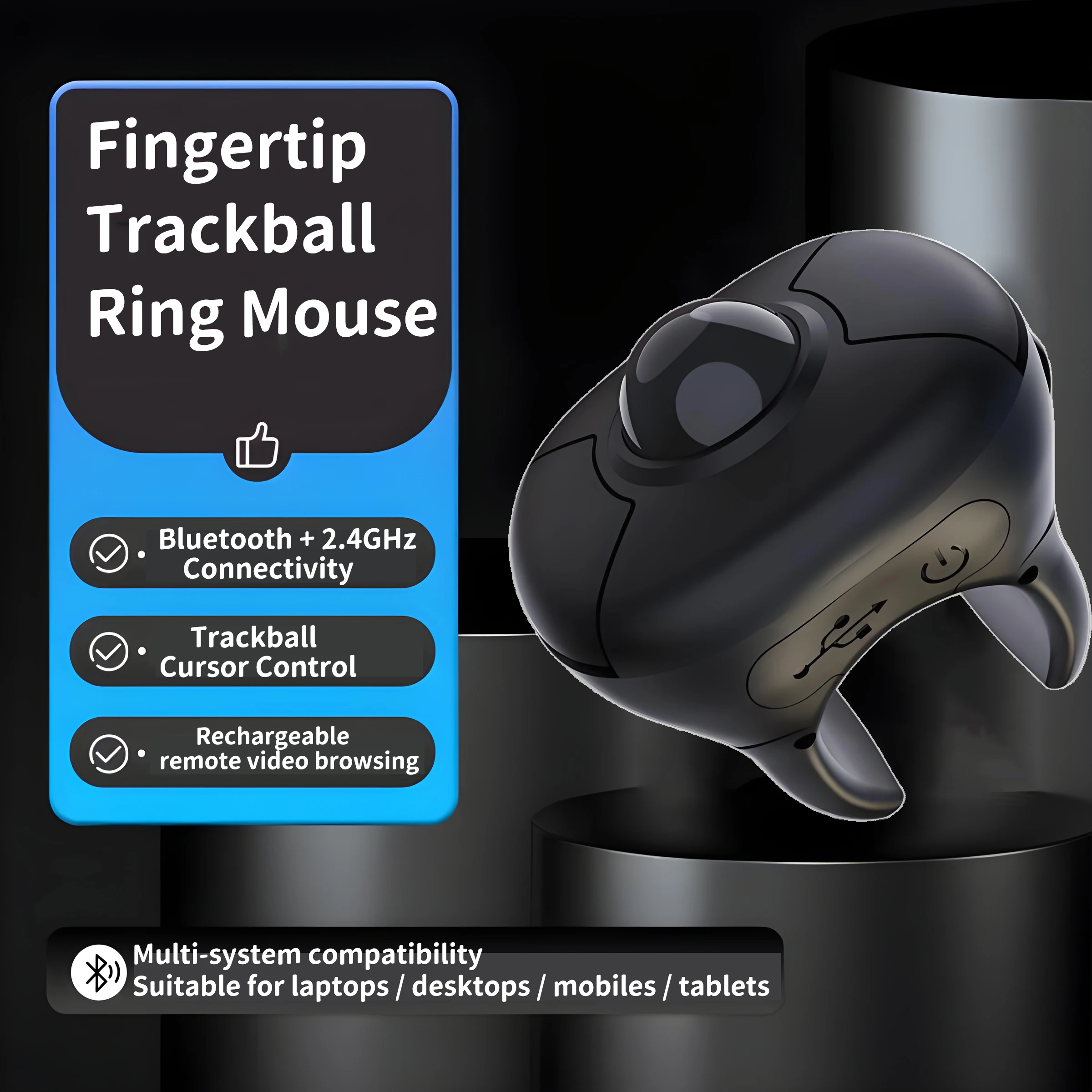 New Trackball Finger Ring Mouse 2.4G+Bluetooth Wireless Remote Control Mice For Short Video/PPT Speech/In-Vehicle Display Screen