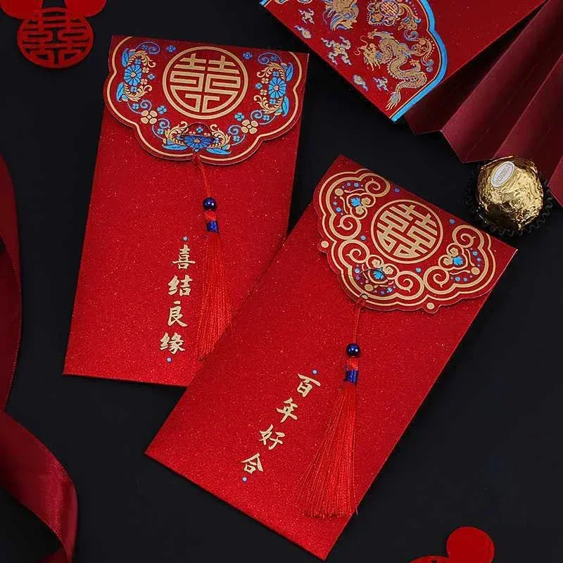 5pcs Red Wedding Envelopes with Tassel Kawaii Paper Envelopes Blessing Pocket Hongbao Lucky Money Cash Bag Gifts Packaging Bag