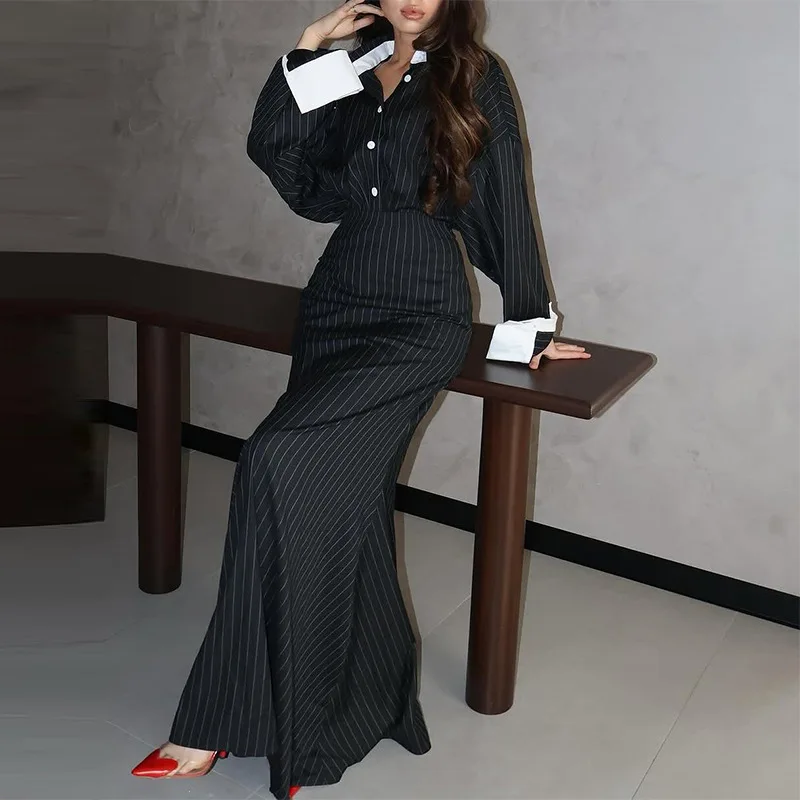 Women's Suits New In Matching Sets 2025 Women's Single-breasted Long-sleeved Shirt Hip-covering Striped Commuter Long Skirt Suit