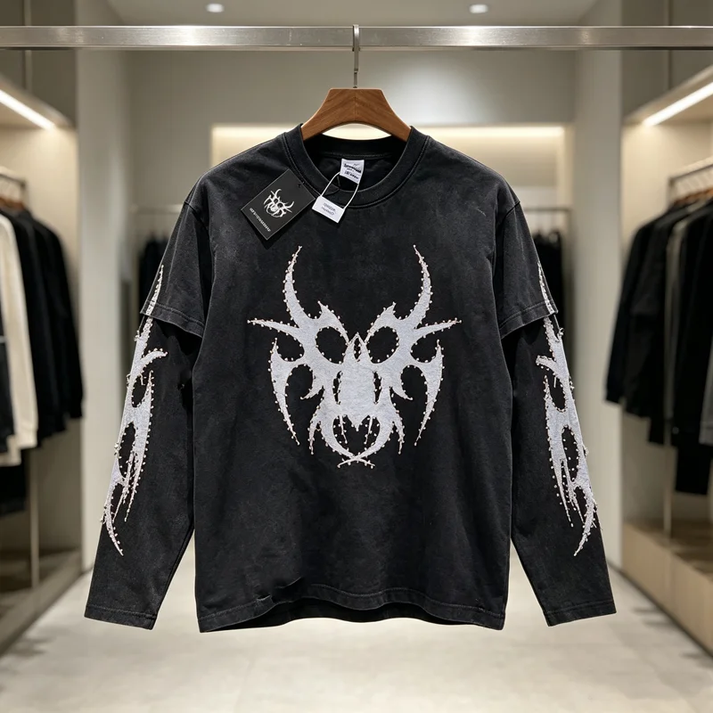 Fake Two Piece Gothic Bead Skeleton Print Chew Forever Long Sleeve T Shirt Men Women Vintage Washed Distressed Flame Graphic Top