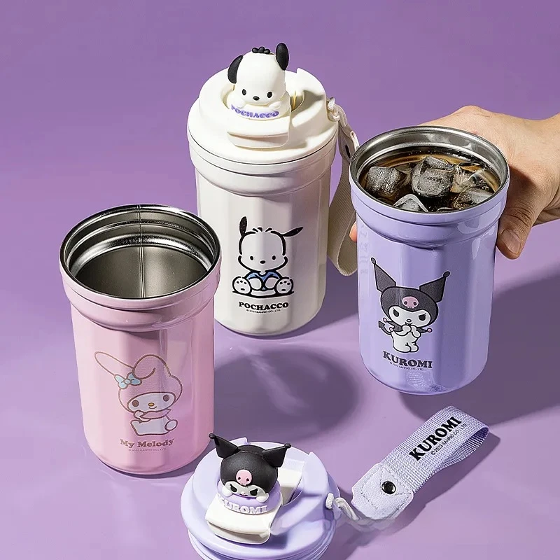 Sanrio Portable Thermos Cartoon Kuromi Stainless Steel Coffee Cup With Rope Pochacco Mymelody Student Children Cup Birthday Gift