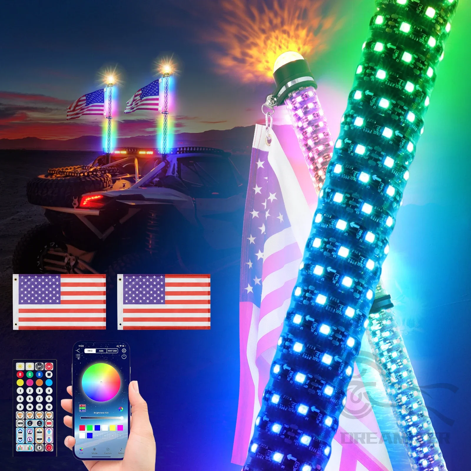 

2 PCS Fat 3FT Led Whip Light Led Car RGB Waterproof Bendable Remote APP Music Control LED Flagpole Lamp With Warning Lights