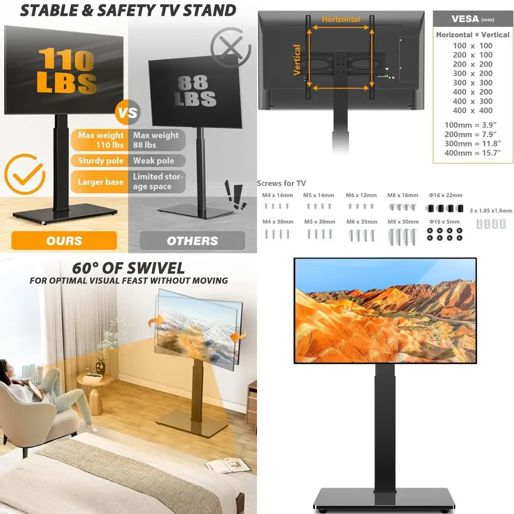

Universal Swivel TV Stand for 32-75 Inch TVs, Adjustable Height, Tempered Glass Base, Supports up to 110 lbs