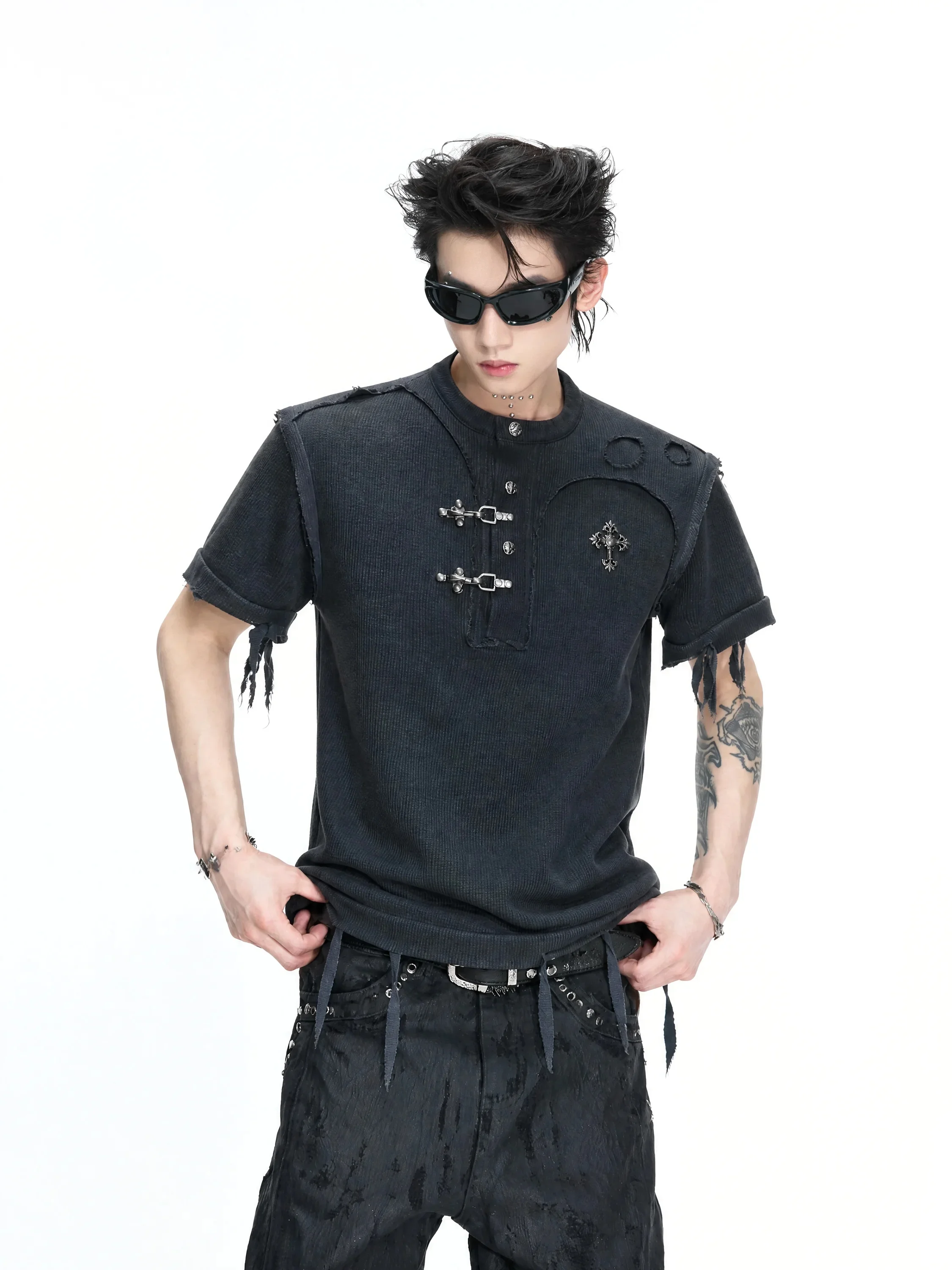 Vintage Texture T-Shirt Short Sleeve Henry Collar Asymmetrical Destruction Hem Youth Fashion Cotton Gothic Style Top Shirt