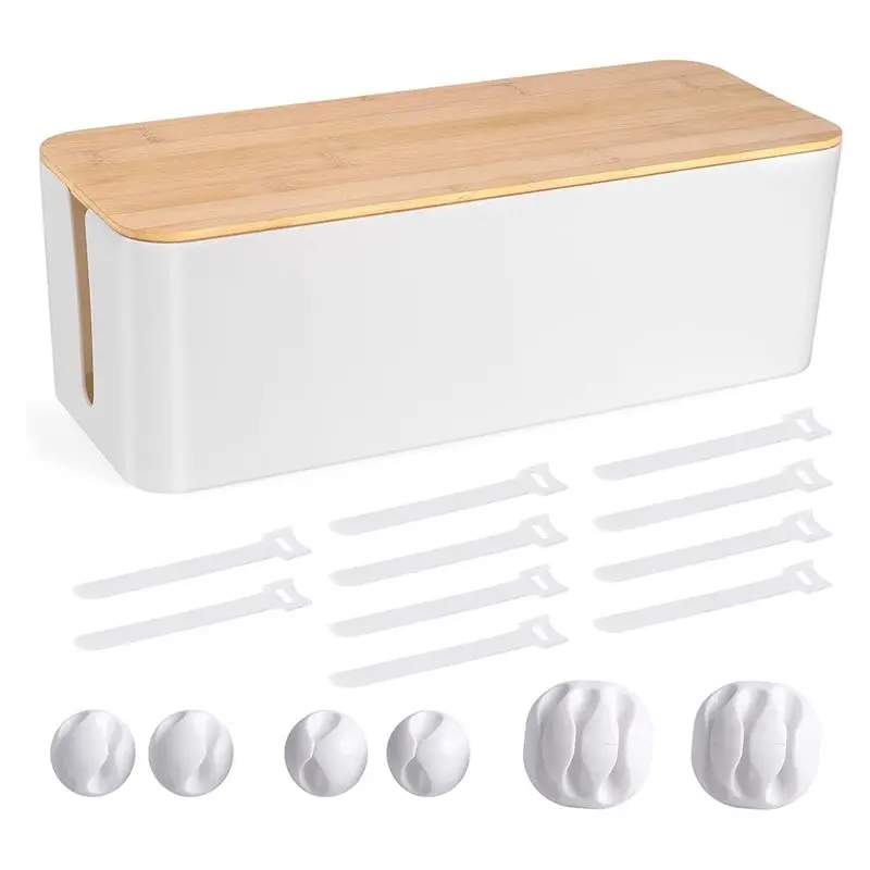B08B-Wooden Style Wire Cord Hider Organizer Box For Desk Computer, Large Capacity Cable Management For Power Strip Housing