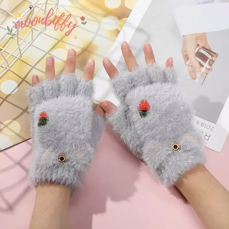 Fashion Women Plush Warm Glove Fur Rabbit Cat Mittens Flip Fingerless Gloves Soft Girls Thick Gloves Flexible Half Finger Winter