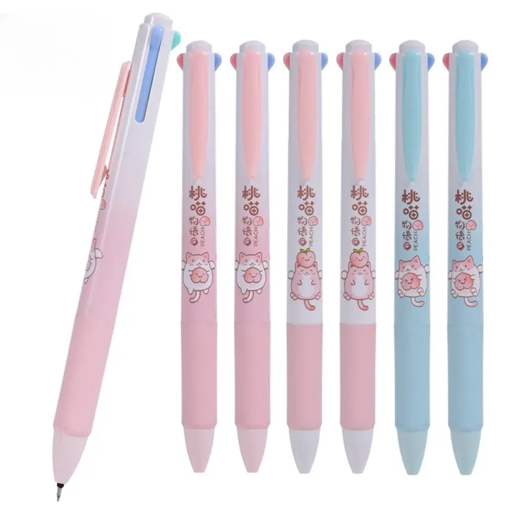 

6 pcs/set 0.5mm Gel Ink Pens Cute Peach Cat Cartoon Neutral Pen 4 Colored Mechanical Signature Pen School