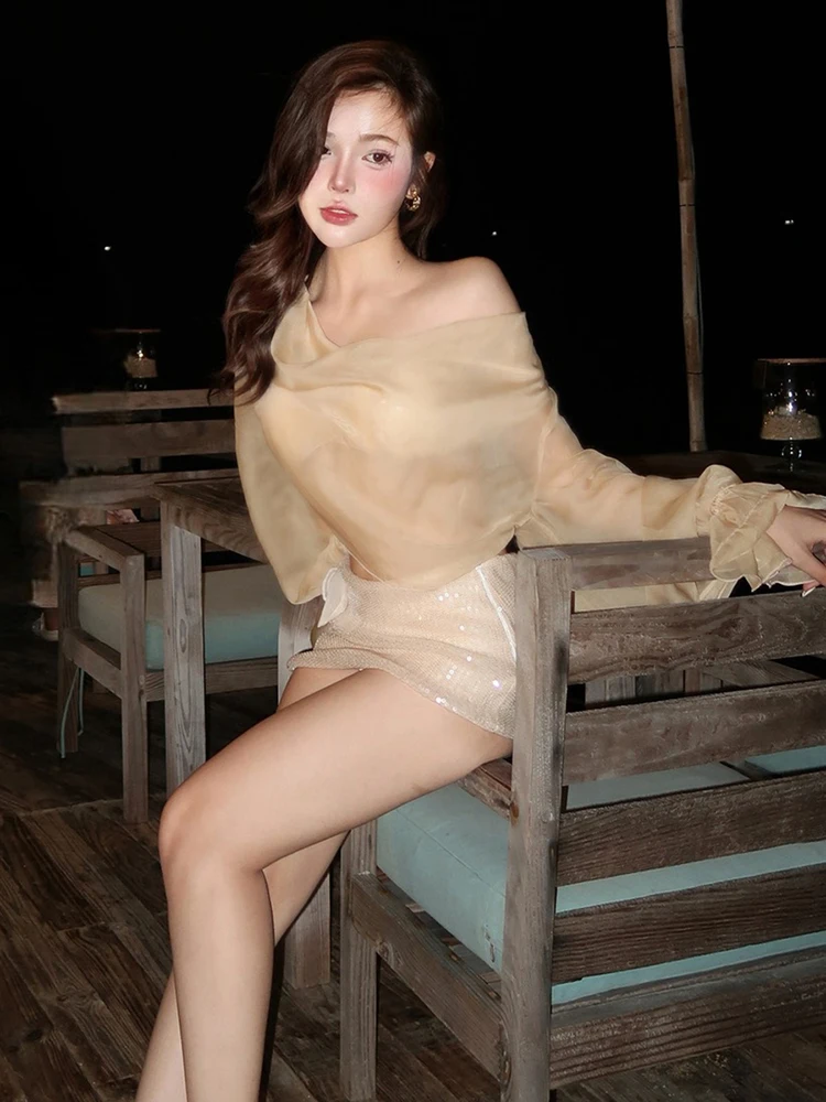 

Nibber Chic See Through комплект из 2 предметов для женщин Y2K укороченный топ с длинными рукавами и блестками, юбка с аппликацией, обтягивающая уличная вечеринка, сексуальная клубная одежда