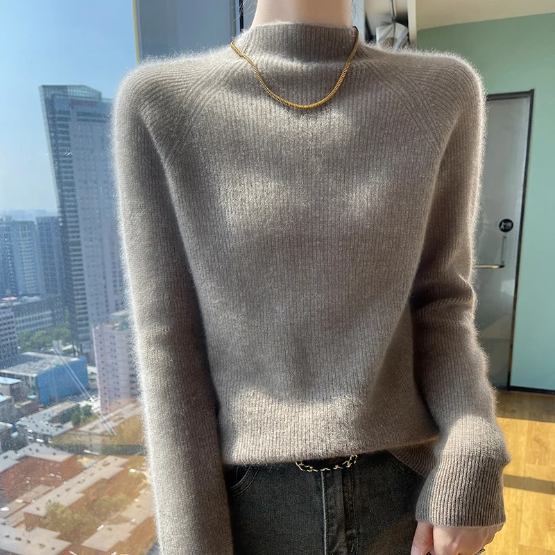 Women\'s winter sweater 100% Merino wool thick warm half-turtleneck pullover solid color cashmere sweater casual Korean top.