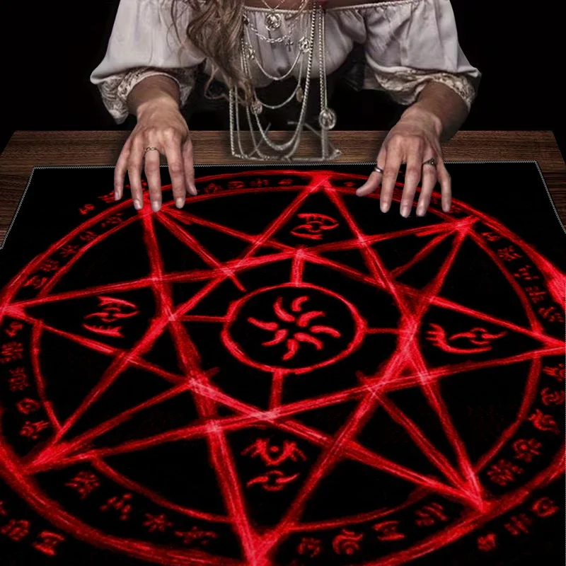 Hand‑Drawn Red Pentagram Rune Mystical Tablecloth, Game Mat, Furniture Protector, Coffee Table Cover, Party Table Decor, Home