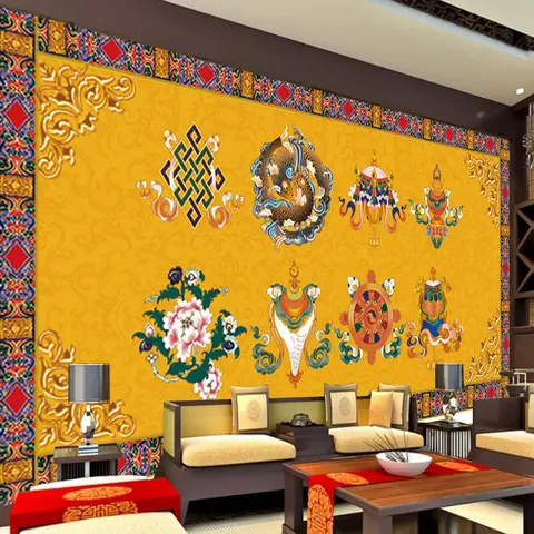 Personalizzato 3D dorato di buon auspicio otto tesori carta da parati Buddha Hall statua di Buddha Tangka buddismo cultura tibetana murale 3D