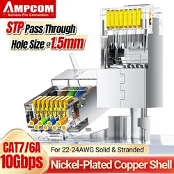 Conector de paso AMPCOM RJ45, enchufe Ethernet CAT6A CAT7 rj 45 para cable de red sólido o trenzado CAT 7 con barra de carga de 1,5 mm