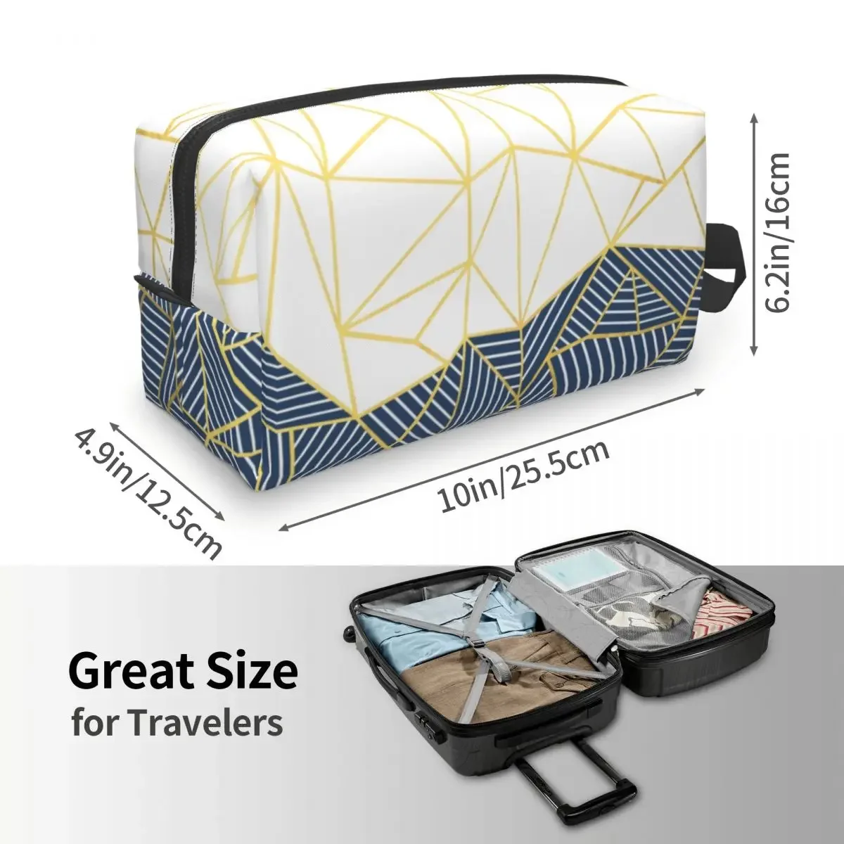 Custom Travel Abstract Lines Navy And Gold Toiletry Bag Kawaii Makeup Cosmetic Organizer for Women Beauty Storage Dopp Kit Box image 3