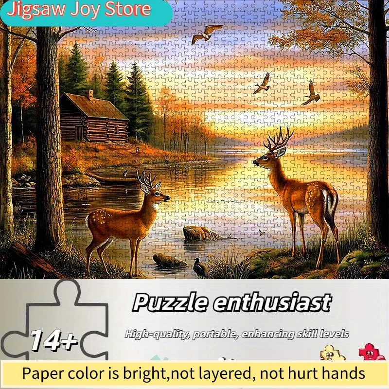 1000pcs DIY Paper Puzzle, Forest Lake Deer and Bird Sunset High-Quality White Card Material, Suitable for Parent-Youngsters Pu