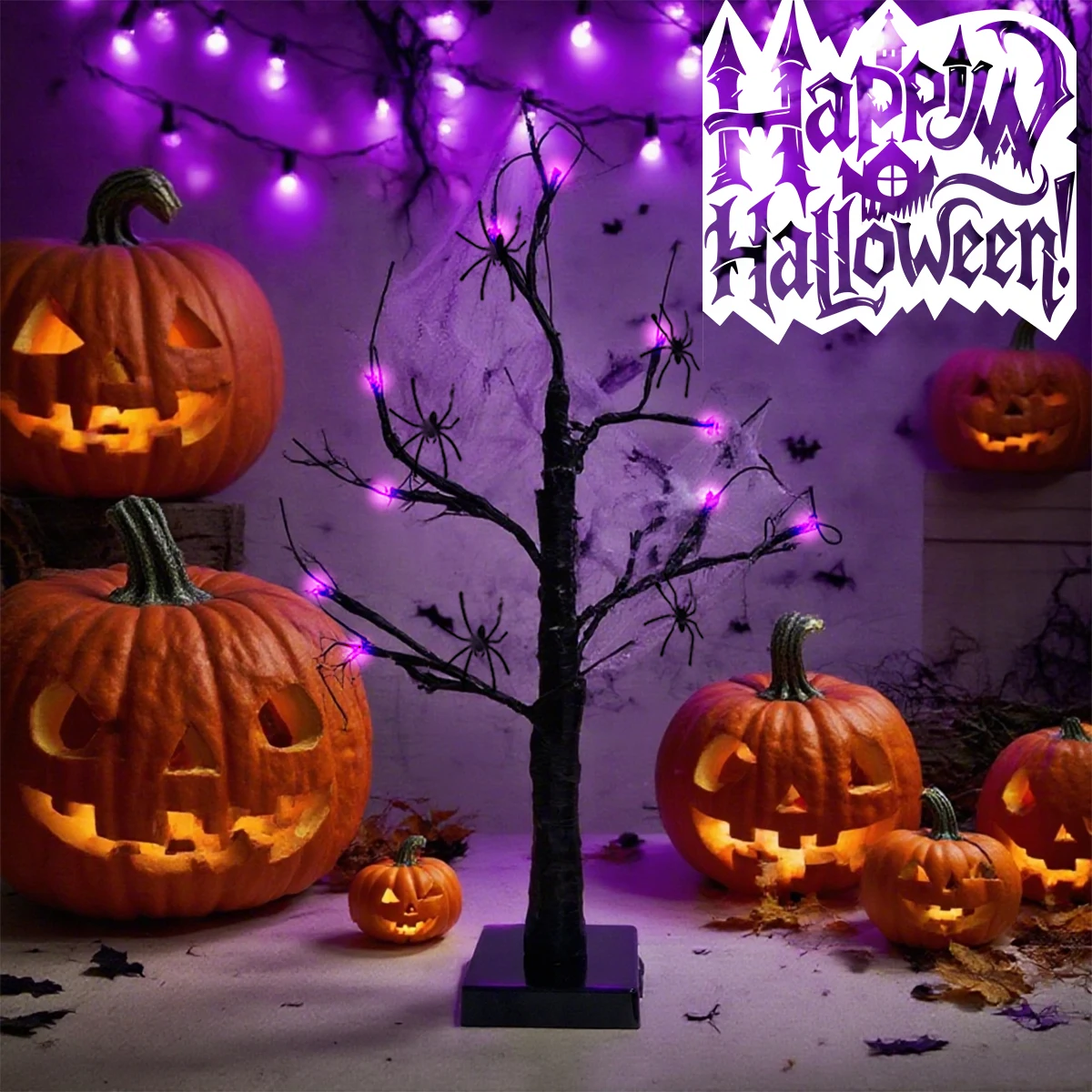 1 قطعة 24 LED الاصطناعي الأسود شجرة البتولا ضوء الجدول مصباح مع 1 جرام تمتد نسيج العنكبوت و 5 العنكبوت الصغيرة للمنزل باتري هالوين ديكور #1