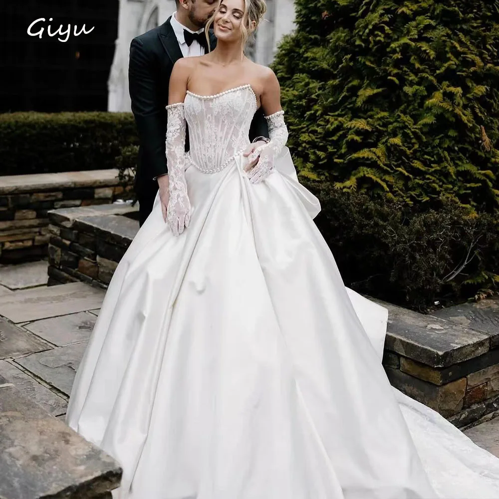 Giyu Exquisite Beading Wedding Dress For Woman Lace Followers A-line Bow Floor-length Vestidos Novias Boda Bridal Gown