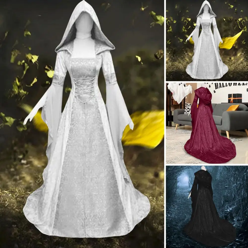 

Halloween Hooded Dress Renaissance Devil Witch Halloween Dress with Hooded Maxi Train Gown for Role-playing Cosplay Costume