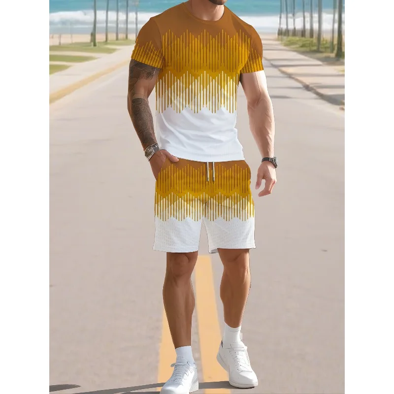 2025 Personalized 3D Printed Summer Round Neck Short Sleeved T-shirt and Shorts Set for Men's Daily Leisure Sports Street Travel