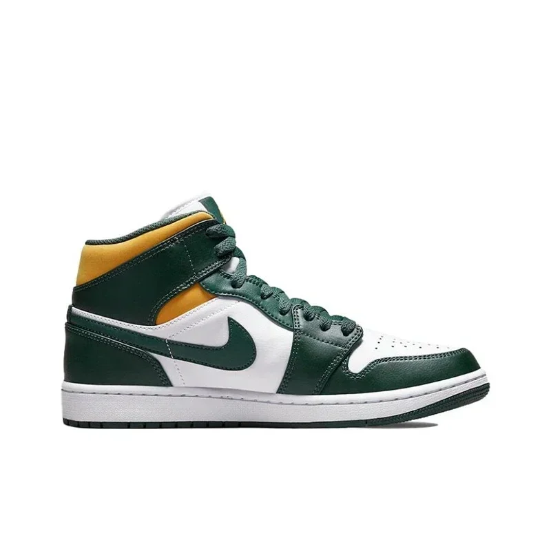 Air Jordan 1 Mid Seattle Supersonics Tênis de basquete retrô de cano alto masculino branco verde amarelo 554724 -371