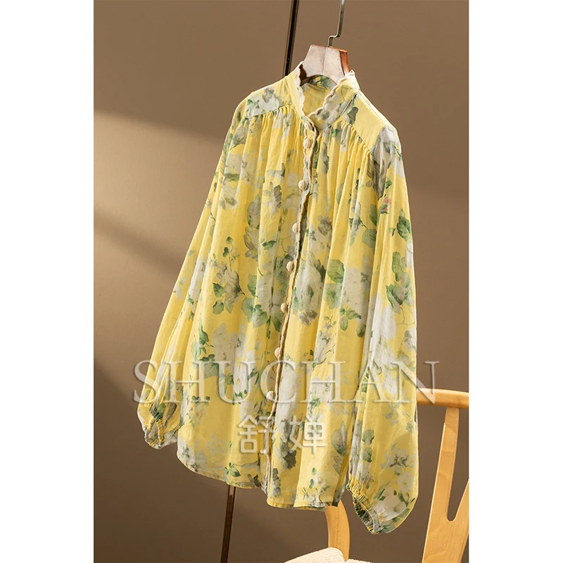 Bright Yellow in Early Autumn, Australian Niche Holiday Style 100 Ramie Stand-up Collar Lantern Sleeve Shirt Women