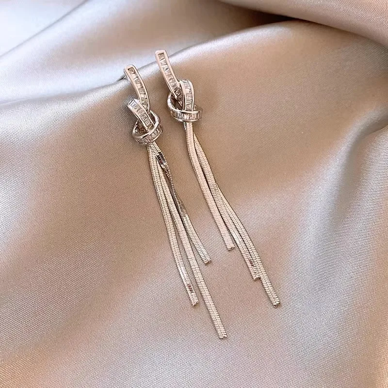 Luxury Zircon Long Tassel Drop Earrings for Women Knot Snake Chain Earring Korean Elegant Geometric Dangle Earrings Jewelry Gift