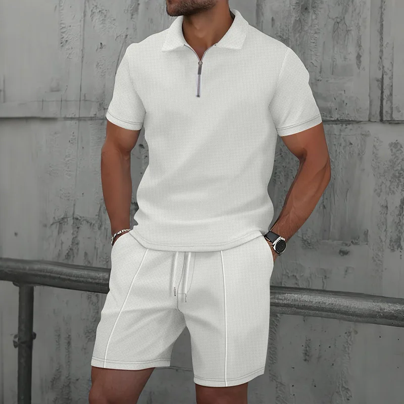 Men's Summer Waffle Texture Casual Set Half Zip Polo Shirt and Shorts 2 Piece Outfit Breathable Sportswear Jogging Gym Suit view 3