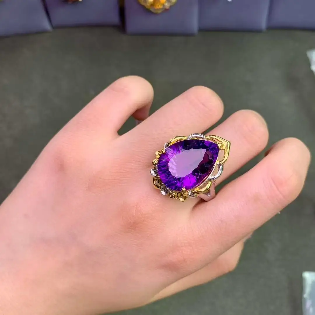 Natural Pear Cut Amethyst Ring S925 Sterling Silver Two Tone Gold Plated Vintage Floral Women Statement Finger Jewelry