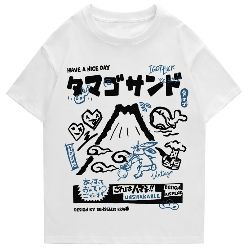 Men Tshirt Streetwear Japanese Kanji Cartoon Vocano Rabbit Graphic T-Shirt Harajuku Summer 2023 Cotton T Shirt Hip Hop Tops Tees