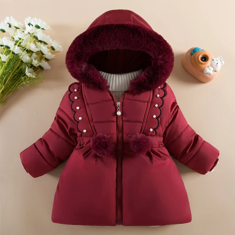 2024 Winter New Baby Girls Jacket Pearl Embellishment Lining Plush Thick Keep Warm Big Fur Collar Hooded Coat For 1-4 Years Kids