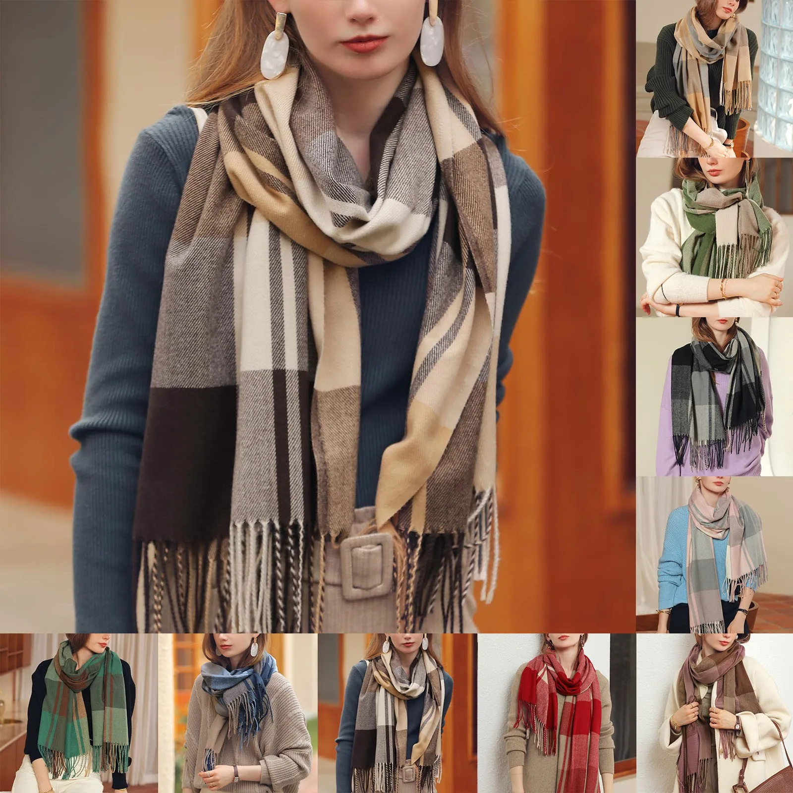 Elegant WARM CASHMERE ผู้หญิงฤดูหนาวผ้าพันคอหรูหราลายสก๊อตพิมพ์ Shawl Wraps Pashmina Bufanda กับพู่ผ้าห่มท่องเที่ยว Echarpe ใหม่