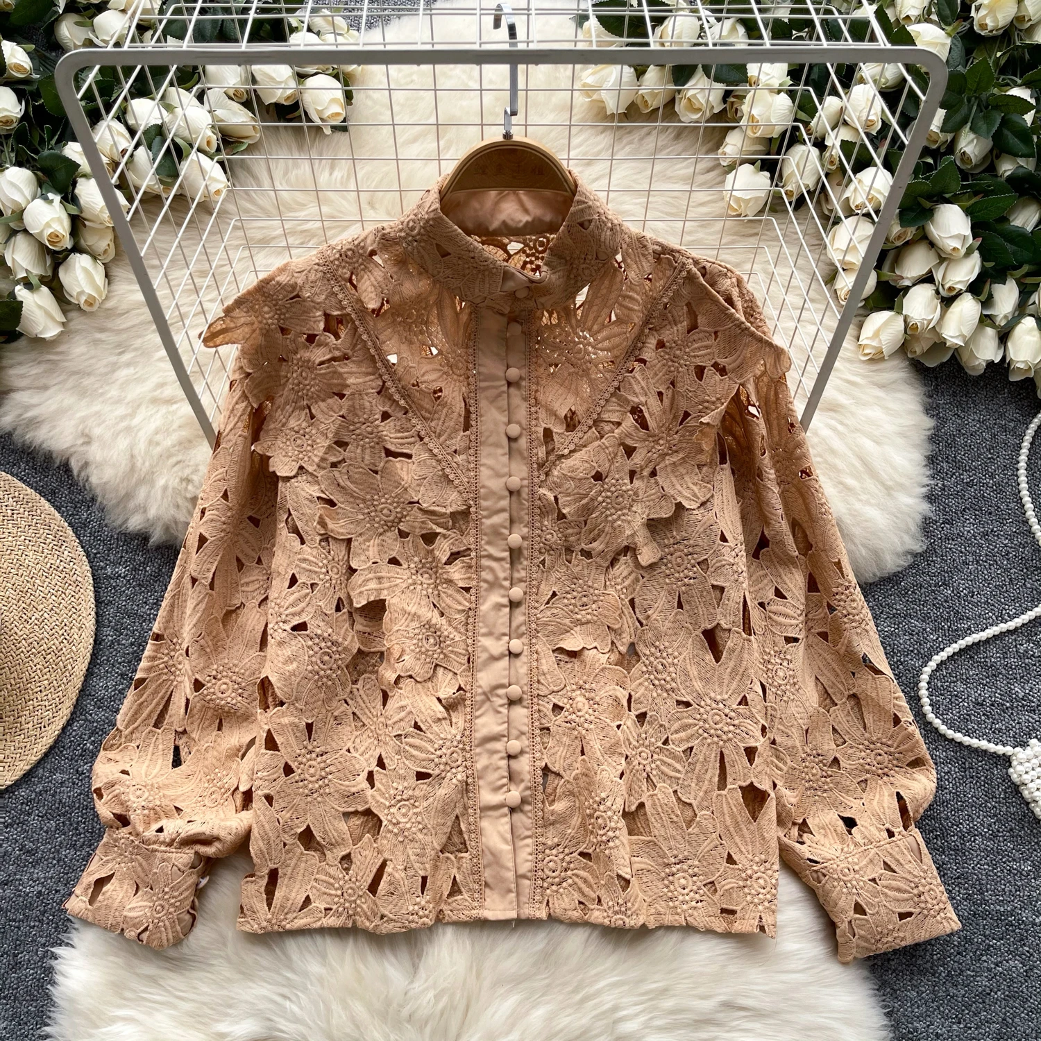 Retro loose sweet cut out lace lantern sleeve embroidery rhinestone  basics Blouse Slim Shirt Women summer Top