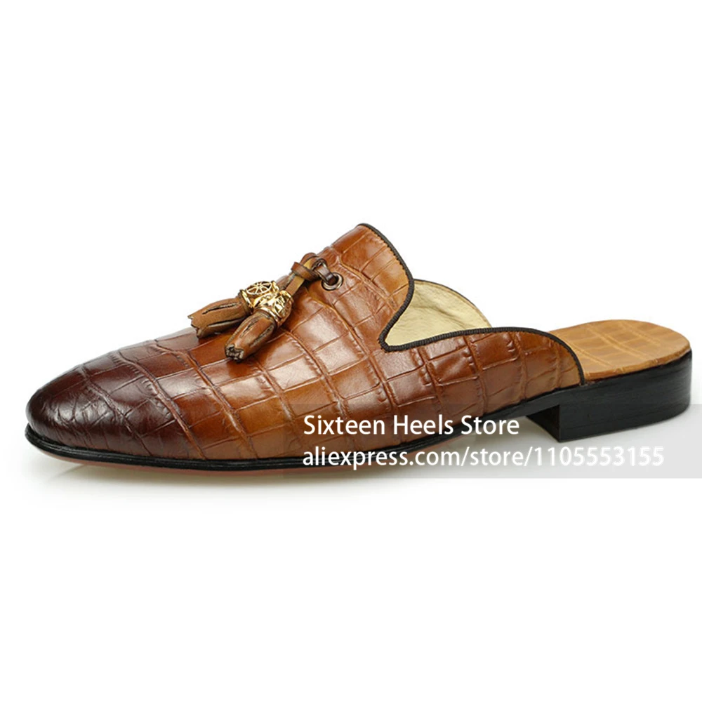 Brown Crocodile Embossed Tassel Mule Slippers Backless Loafer Slides Vintage Tassel Business Casual Leather Slippers for Summer