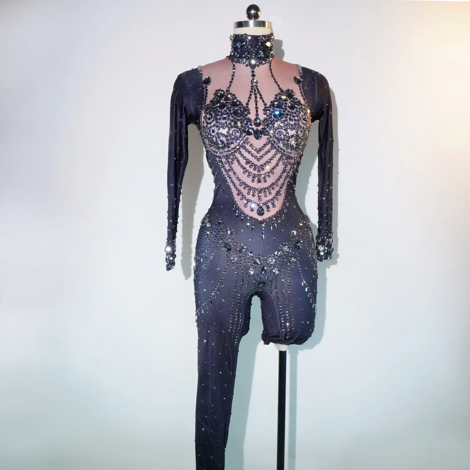 Sparkl Black Rhinestones Jumpsuit Women Long Sleeve Sexy Party Leotard Birthday Celebrate Stage Performance Drag Queen Costumes