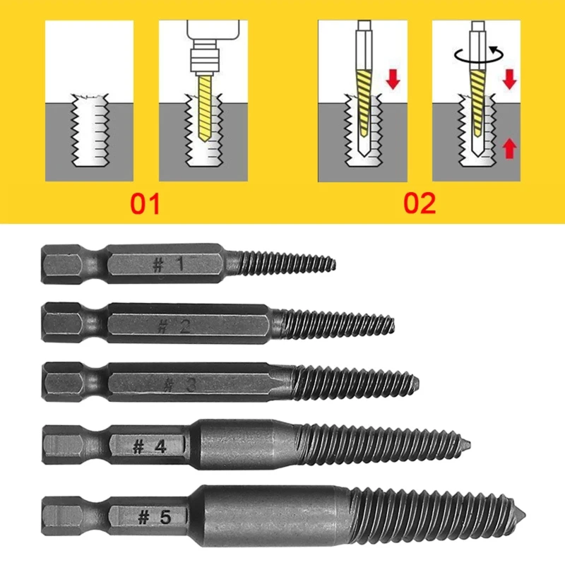 5 Pieces Hex Shank Broken Screwdriver Extractor Set Portable Spiral Flute Bolt Extractor Set for Removing Stripped Screw