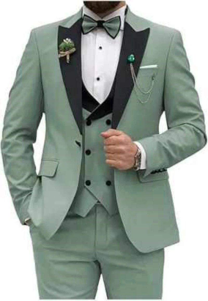 

Elegant Matcha 3 Piece Men's Tuxedo Slim Fit Fashion Wedding Formal Peak Lapel Blazer Vest Pants Set for Party Homme Costume