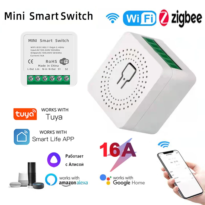 

Mini Wifi Smart Switch Zigbee Light Switches 16A 2 Way Control Smart Home Breaker with Tuya Smart Life Alexa Alice Google Home