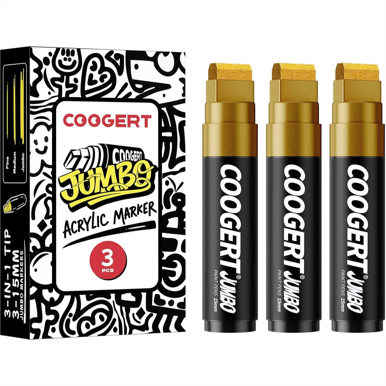 

3Pcs Gold Jumbo Poster Markers, 15MM Thick Permanent Acrylic Graffiti Markers, Wide Tip Paint Marker for Canvas, Posters, Fabric, Window, Glass, Wood, Teachers