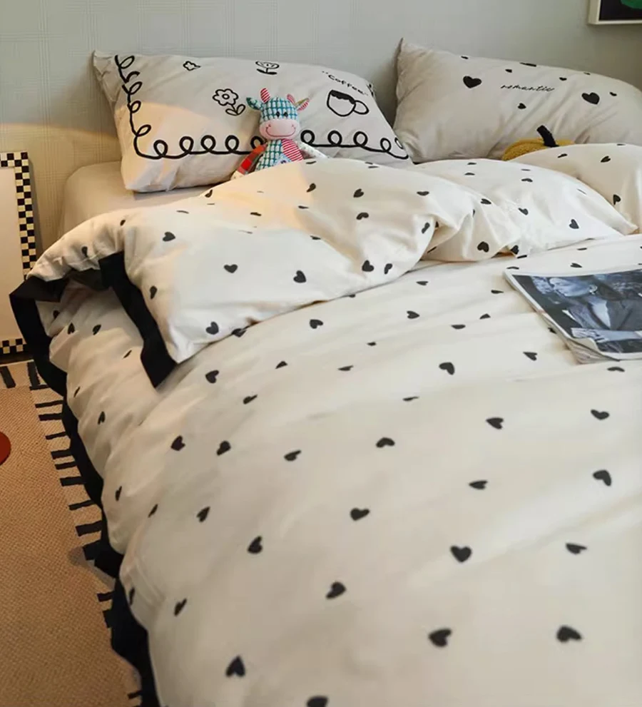 Fashion cool cute sweet heart black bedding set teen,twin full queen trend cotton home textile bed sheet pillow case quilt cover