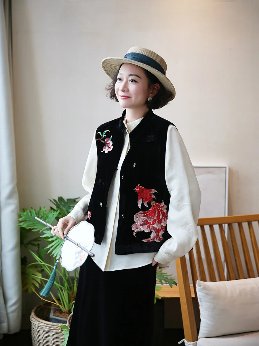 

Винтажный китайский жилет из шелкового бархата с вышивкой для женщин, модный многофункциональный жилет из шелкового бархата для девушек