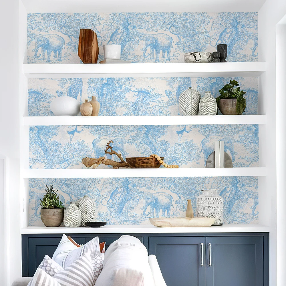 Sky Blue Animal Peel And Stick Wallpaper Retro Jungle Elephant Waterproof Cabinet Sticker Vintage Self Adhesive Giraffes Decor
