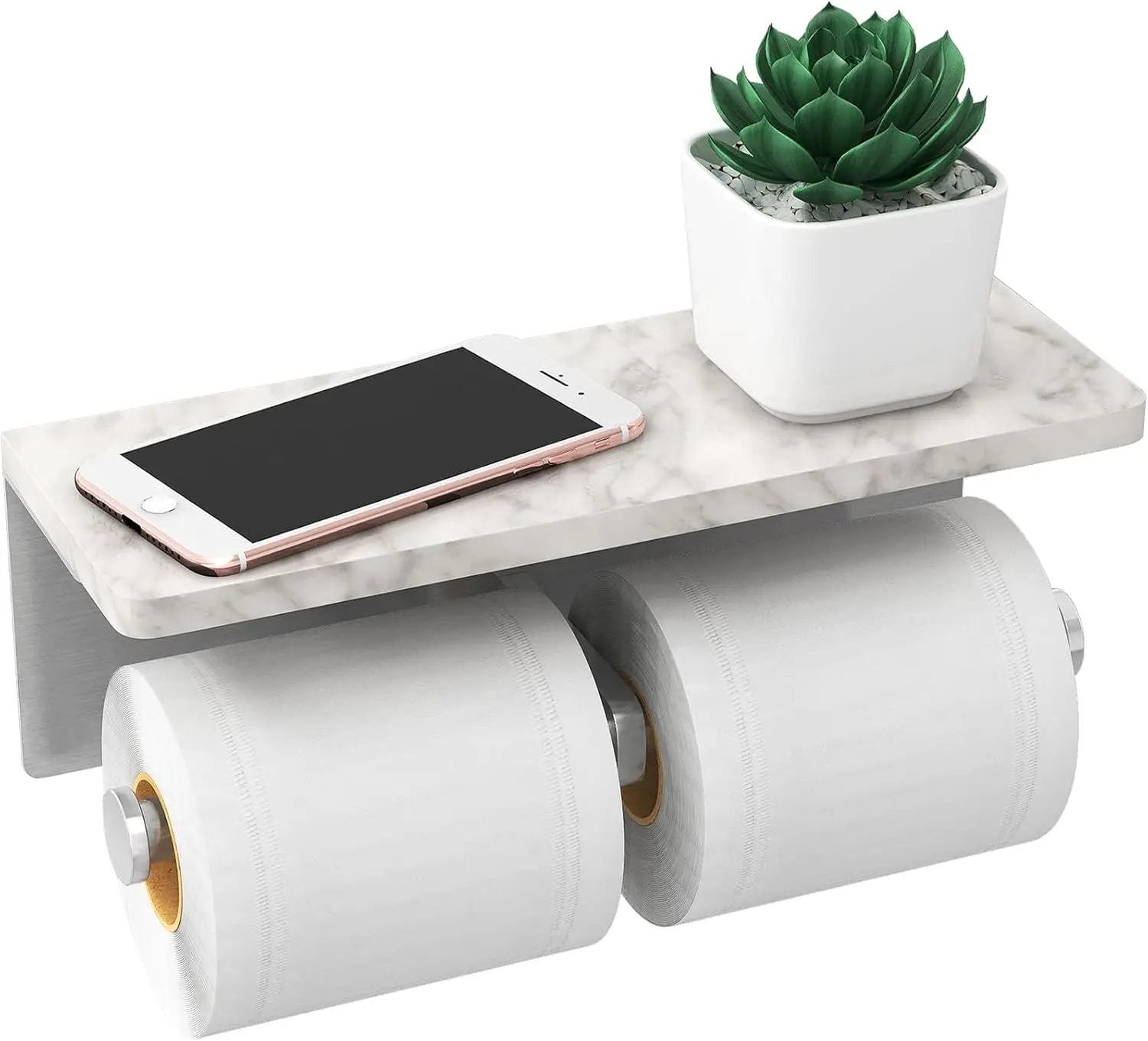 

Brushed Nickel Toilet Paper Holder with Shelf, New Upgrade Double Toilet Paper Holder with Storage, Marble Roll Toilet Paper