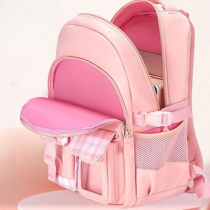 Girls' Backpack with Plaid Trim, Lightweight Waterproof School Bag for Elementary, Cute Bookbag with Multi Pockets