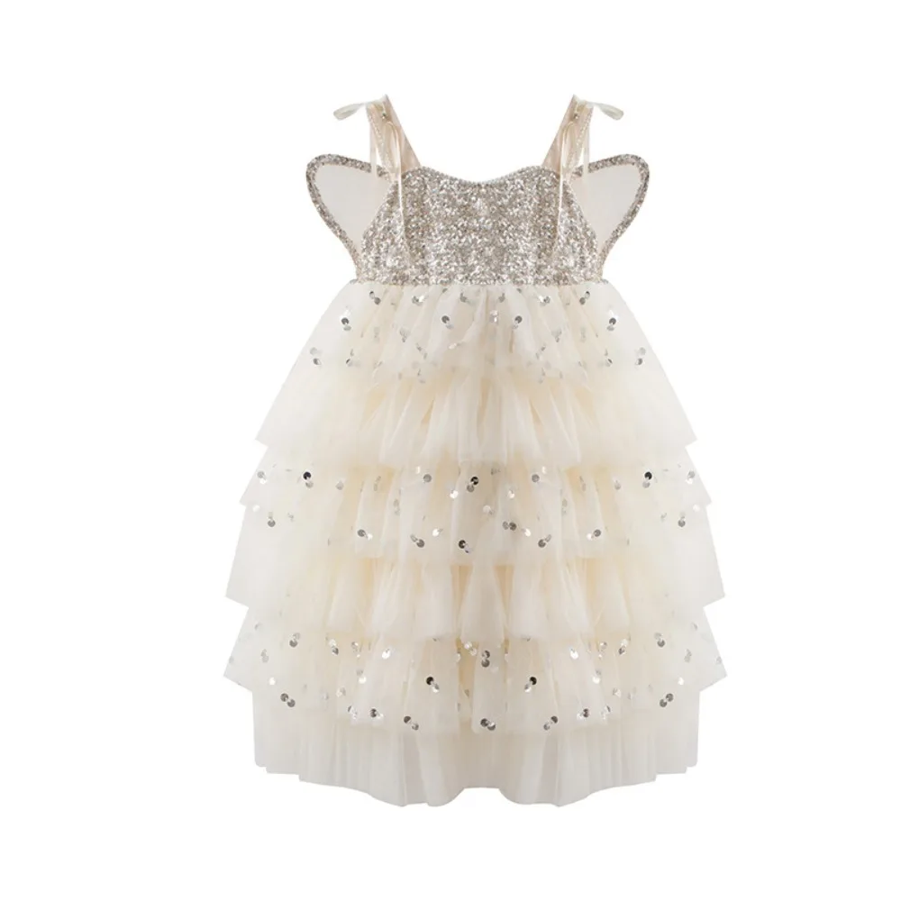 Toddler Girls Sequin Tiered Cake Princess Dress, Butterfly Wings Birthday Party Gown 2026 Summer New Arrival