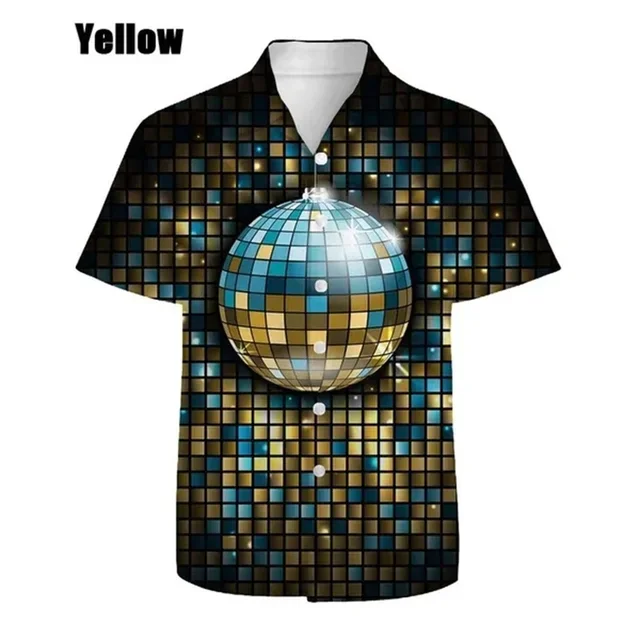 New Hawaiian Casual Men's Shirt Flash Ball Print Large Size Short Sleeve Top Fashion Party Disco Ball Men's Short Sleeve Shirt