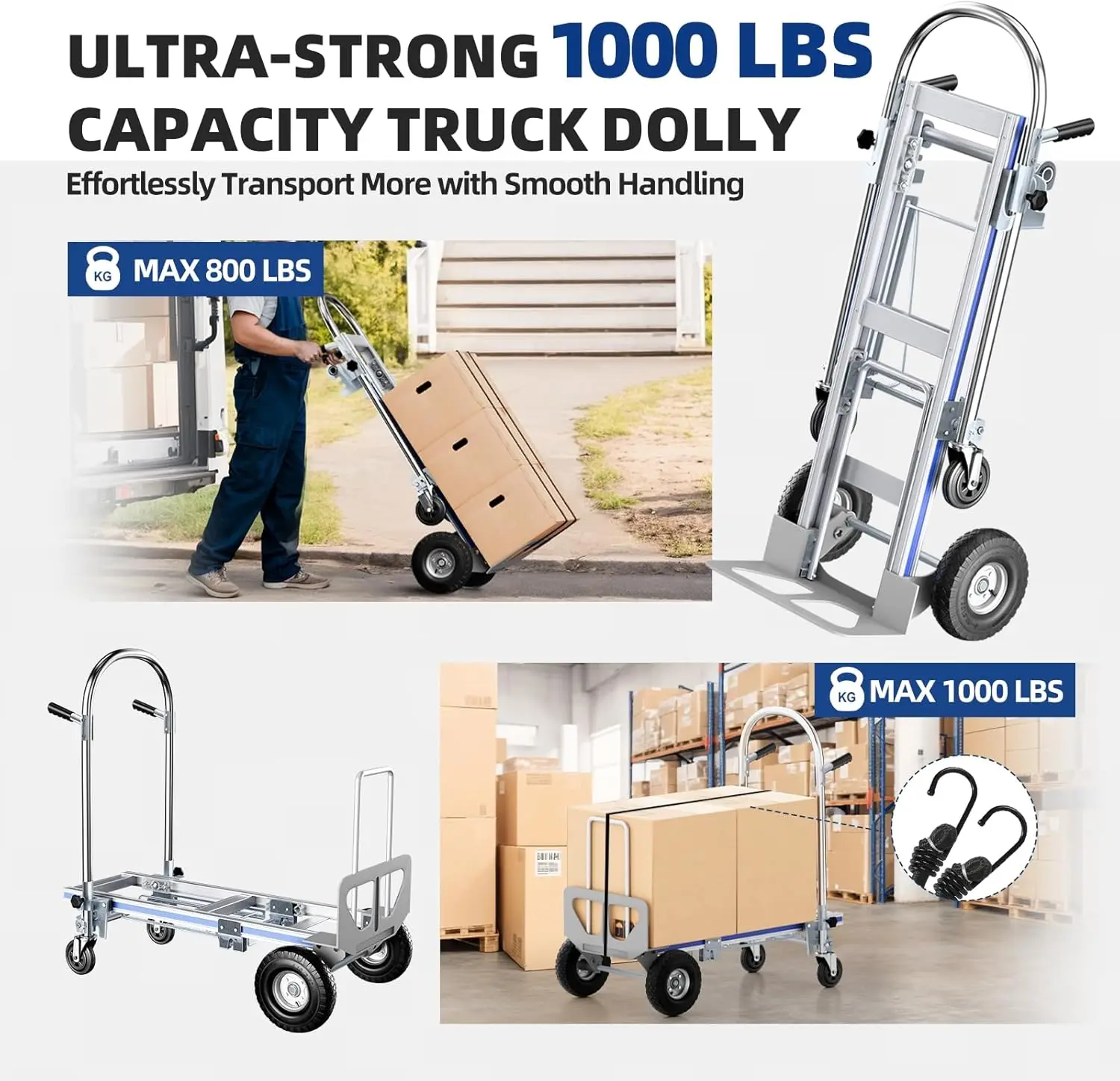 Camión de mano de aluminio, camión de mano convertible 3 en 1 Dolly de capacidad de 1000 libras, ruedas neumáticas - Carro plegable resistente