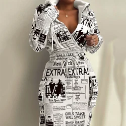 Women's Dress Plaid Drawstring Retract Waist Hooded Dresses 2024 Autumn Winter Warm Newspaper Print Sweatshirt Dresses For Women