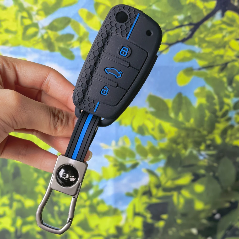 Anti-Scratch Flip Remote Sleeve With Keychain For Audi A1 A3 8P A4 B7 A6 C6 4F 8V Honeycomb Red Stripe Silicone Fob Guard