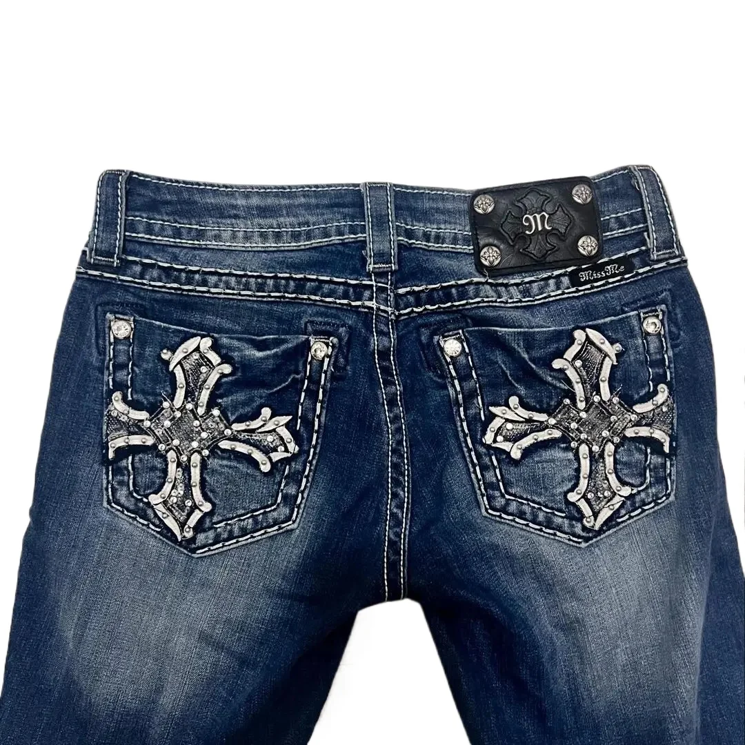 Gothic Hip-Hop Retro Cross Pattern Embroidery Washed Blue Jeans Women\'s Y2K New Harajuku Punk High Waist Slim Pants Street Wear