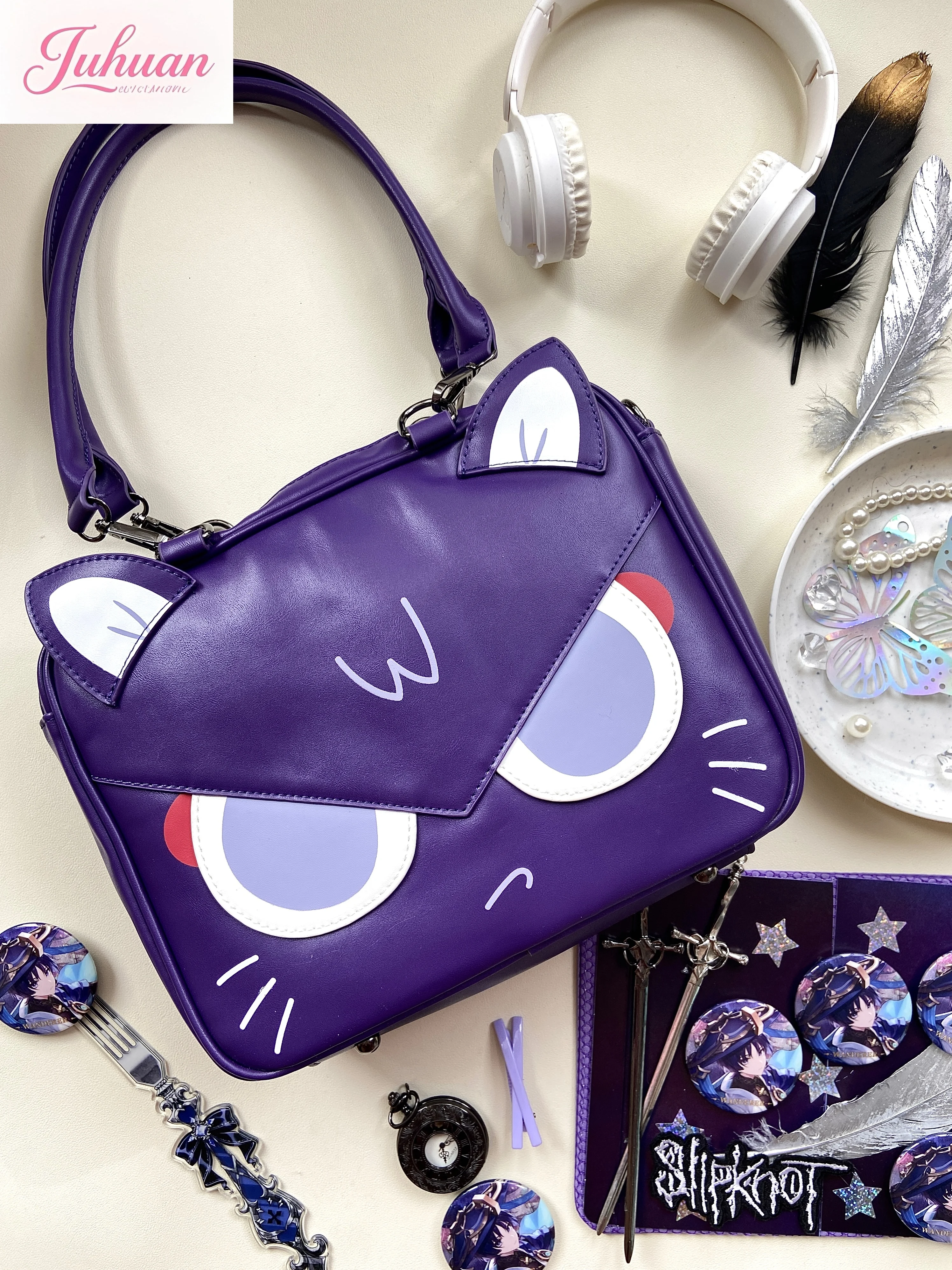 الأصلي الأرجواني عرض كوميدي كوس Lta حقيبة الكرتون القط مربع سعة كبيرة كلية نمط مزدوج الكتف Crossbody الألم حقيبة الإناث